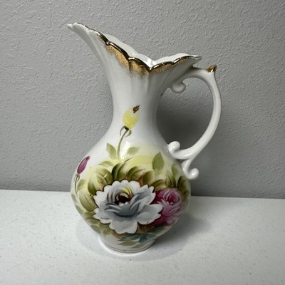 Lenwile China ARDALT JAPAN Hand Painted Floral Pitcher Vase Gilded Accents 6.5 