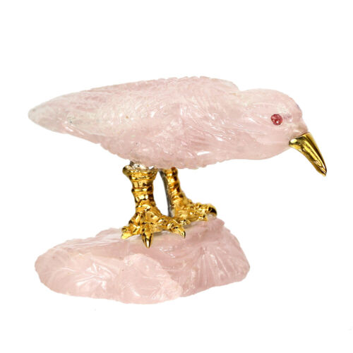 Handcrafted Rare Bird Carving Rose Quartz 56x32mm Red Sapphire 925 Silver Statue - Picture 1 of 9