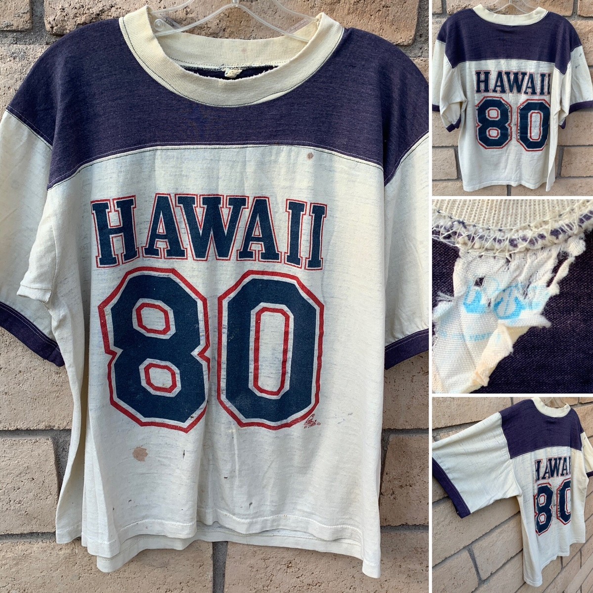 Vintage Hawaii 80 Football Jersey T Shirt Distressed Thrashed Worn