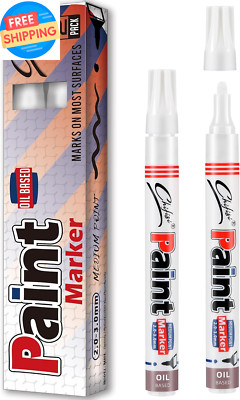 Permanent Paint Pens White - 2 Pack Oil-Based Medium Tip Markers for Metal, Wood