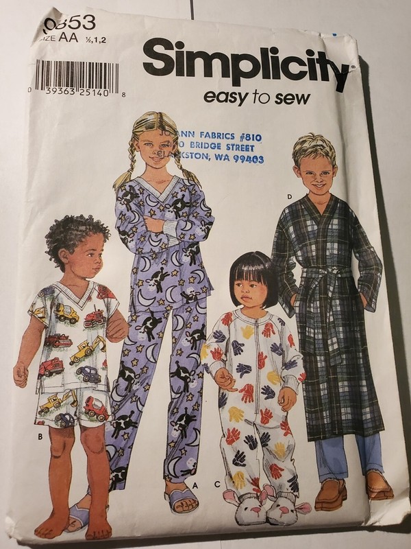 Simplicity Child's Pajamas Sleeper Robe Pattern Sizes 1/2, 1, 2 Easy to Sew