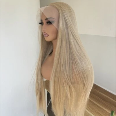 LOVELY ALICE Long Straight Ash Blonde Soft 13X4 Lace Frontal Wig Layered Heat Resistant Hair