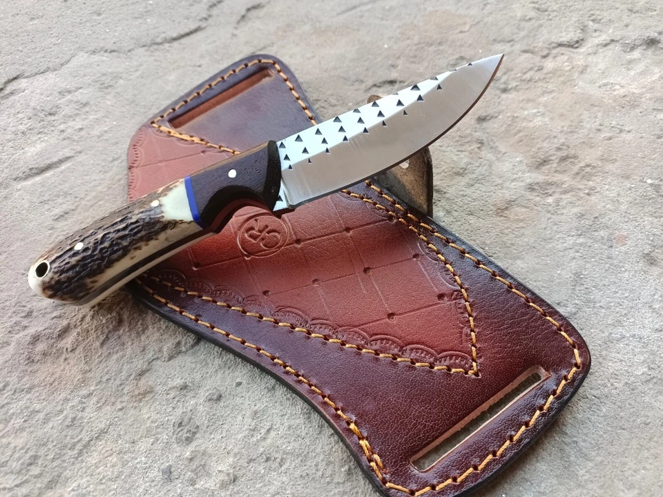 HANDFORGED CUSTOM HUNTING COWBOY SKINNER KNIFE WITH STAG AND WOOD HANDLE&SHEATH - Image 3 of 4