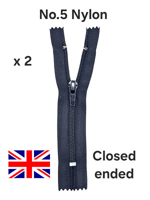 2 x schwarze Reißverschlüsse Nr5 Nylon geschlossen Autoverschluss für Kleidersäcke Polster +