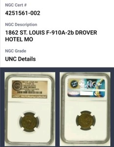 1862 St. Louis, MO Drover Hotel Civil War Store Card Token F-910A-2b NGC. CB1159