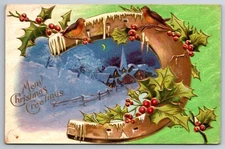 Merry Christmas, Village Horse Shoe Holly Bird, Snow, c1913, Vintage Postcard