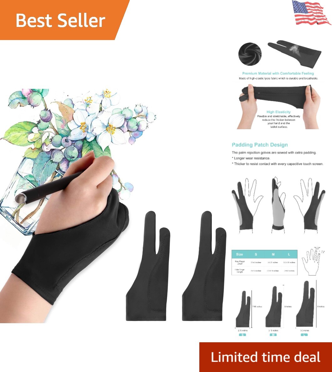 Breathable Artist Gloves 2 Pack for Digital Drawing with Palm Rejection-image