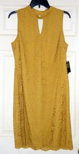 NWT Women Lace Choker Dress Sz 12 L Mustard Yellow Cutout Keyhole Cocktail New