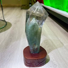 1.826LB Natural Thousand-tiered pyramid Green Ghost quartz crystal wand +stand