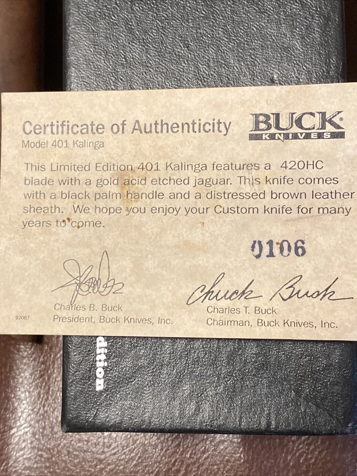 BUCK CUSTOM KNIFE 401 KALINGA L. Edit. 406/1000 - 420HC-gold Etched Jaguar-2007 - Image 2 of 4