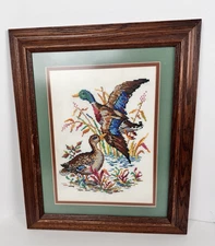 VTG Mallards Ducks Cross-Stitch Professionally Framed Matted Handmade Rustic