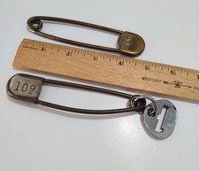 "2" Vintage Key Tag Large Brass Metal Safety Pin Military Laundry 5" Collectible