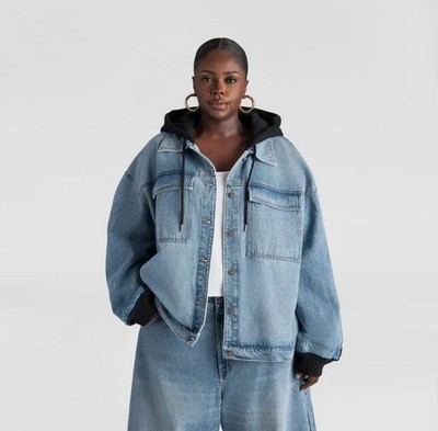 KBB by KAHLANA Women's 'The Denim and Fleece Hoodie' Black Blue Jacket Size 2X