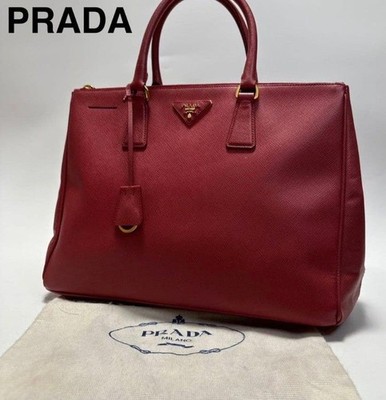 Prada Galleria Saffiano Leather Red Tote Bag Triangle Logo Gold Hardware Auth