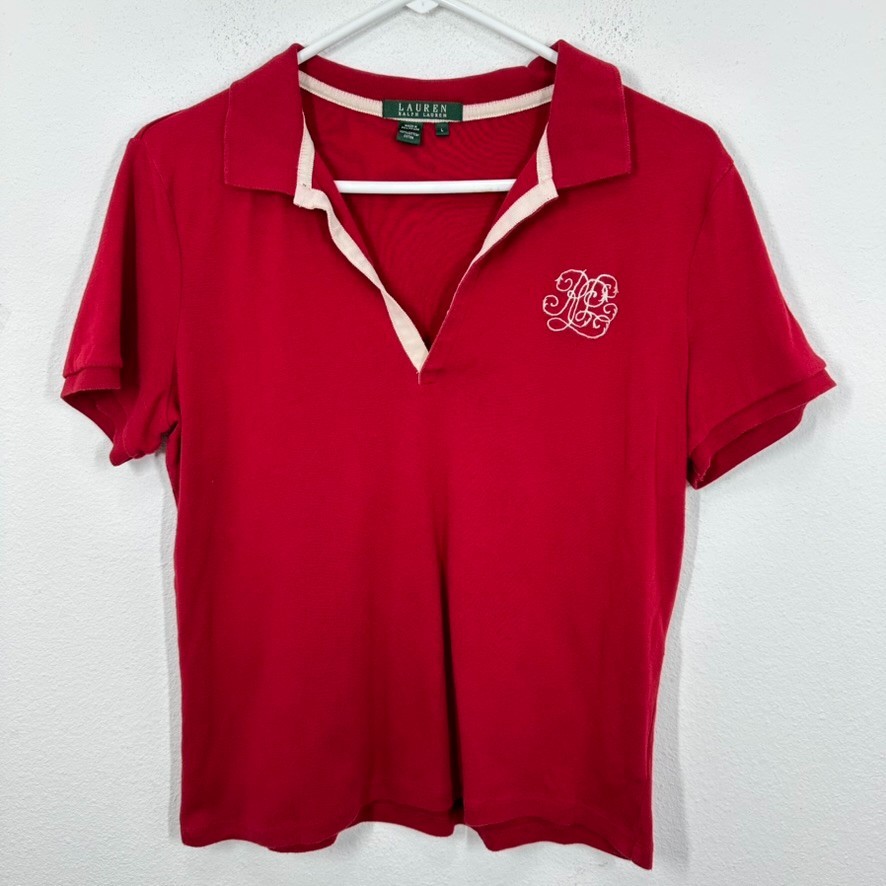 Lauren Ralph Lauren Size Large Vintage V Neck Polo Embroidered Monogram Preppy