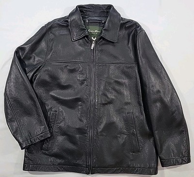 Eddie Bauer Black Leather Flight Jacket Men's Large Heavy Pebbled Leather-READ!