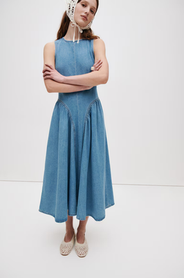 white christmas dresses Emily Denim Flared Midi Dress