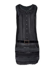 ANNA SUI Black Shift Dress with Velvet Belt and Lace Trim, S