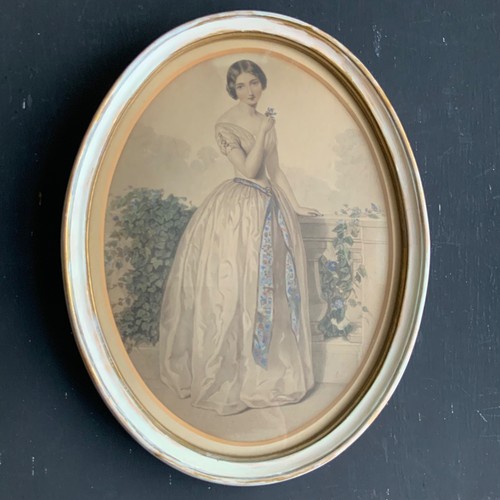 Antique Oval Print of Victorian Lady in Period Oval Frame