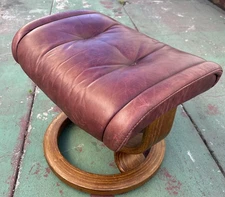 Vtg Ekornes Stressless Ottoman In Maroon Leather & Wood Norway MCM (As Is) read