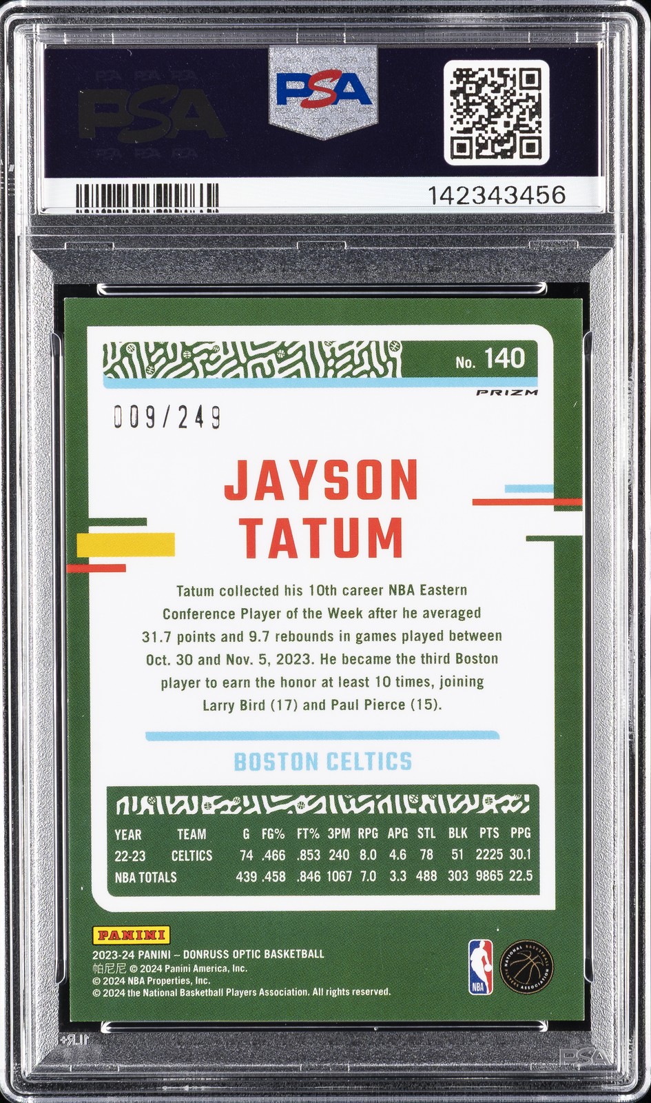 2023 PANINI DONRUSS OPTIC PREMIUM BOX SET #140 JAYSON TATUM 9/249 PSA 9 view 2