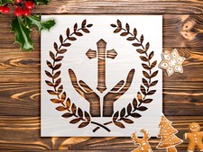 Christian Cross Stencil with Laurel Wreath and Open Hands for Faith Based Christ