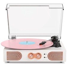 Vinyl Record Player, White and Rose Gold, Built-in Speakers, 3-Speed Belt-Dri...