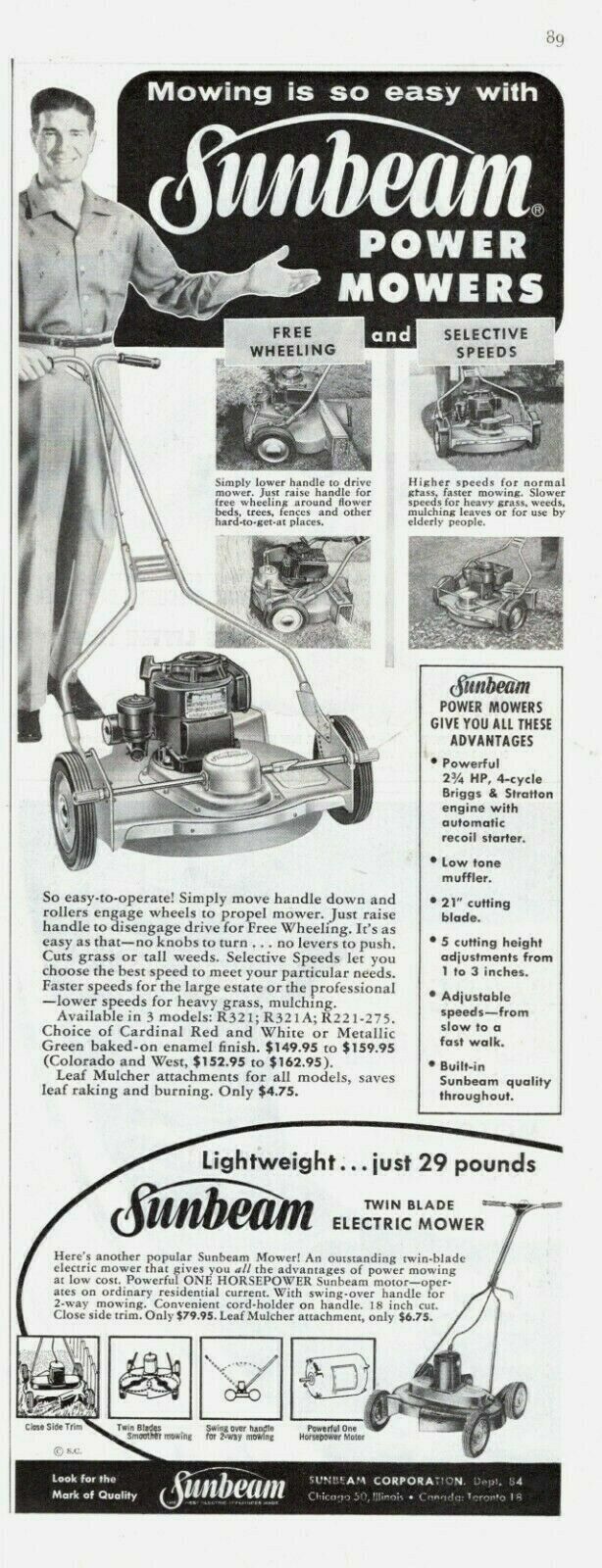VINTAGE lawn mower, SUNBEAM " 2 3/4 HP " gas ! ( NOT electric ) 1957