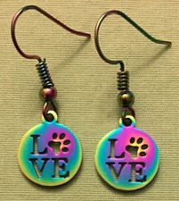 LOVE w/PAW PRINT EARRINGS, Rainbow - Anodized Steel w/Matching Ear Wires DOG CAT