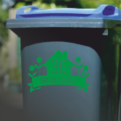 Haus Blumen Rollmülleimer Zahlen personalisierte Etiketten individuell Haus Straße Aufkleber