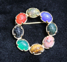Vintage D'OR 12K GF Egyptian Revival Carved Gemstone Scarab Round Brooch Pin