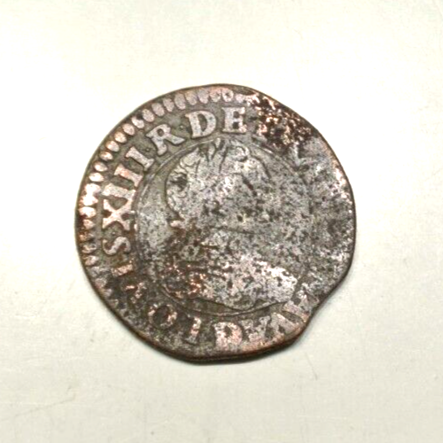 LOUIS XIII DOUBLE TOURNOIS 1614 D=LYON circula CANADA and LOUISIANE - Afbeelding 1 van 2