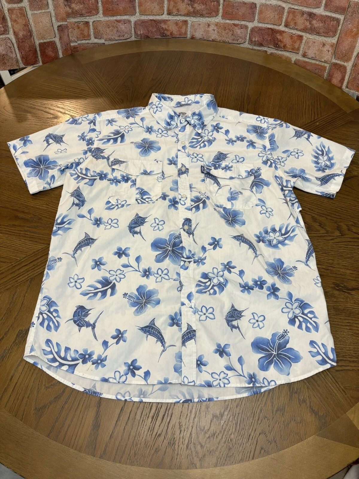 African Boatbar Short Sleeve Tech Shirt Mens XL Blue White Sailfish Floral Vent