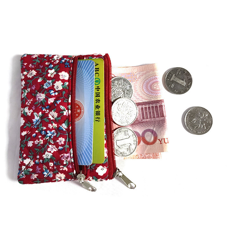 Fabric Card Holder Floral Coin Purse Double Zipper Coin Purse Key Case