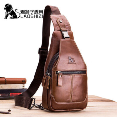 LAOSHIZI  Leather Crossbody Shoulder Messenger Men Travel Chest Sling Hiking Bag