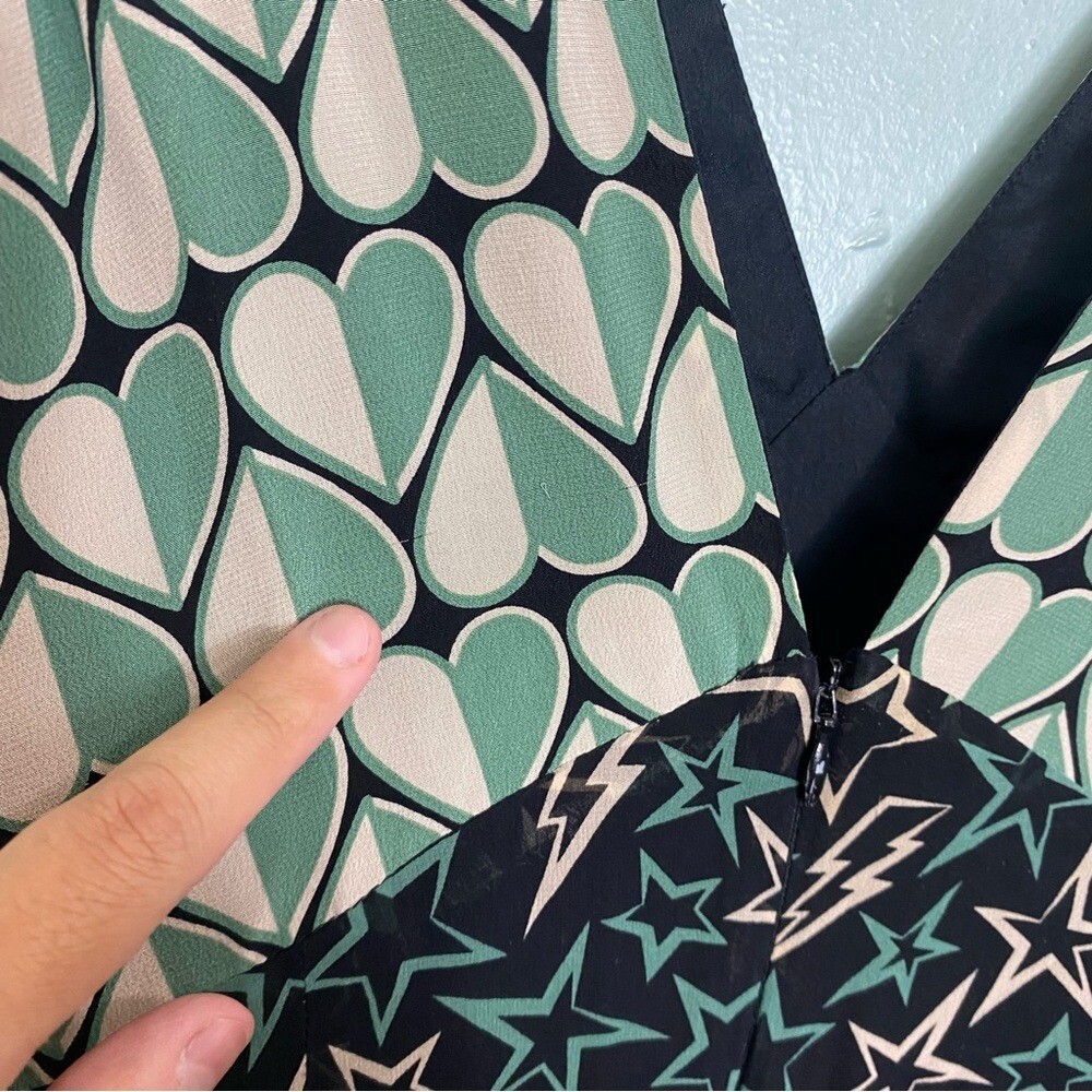 Anna Sui Silk Heart Star Green Upcycled Midi Dress Green Sleeveless Size 4