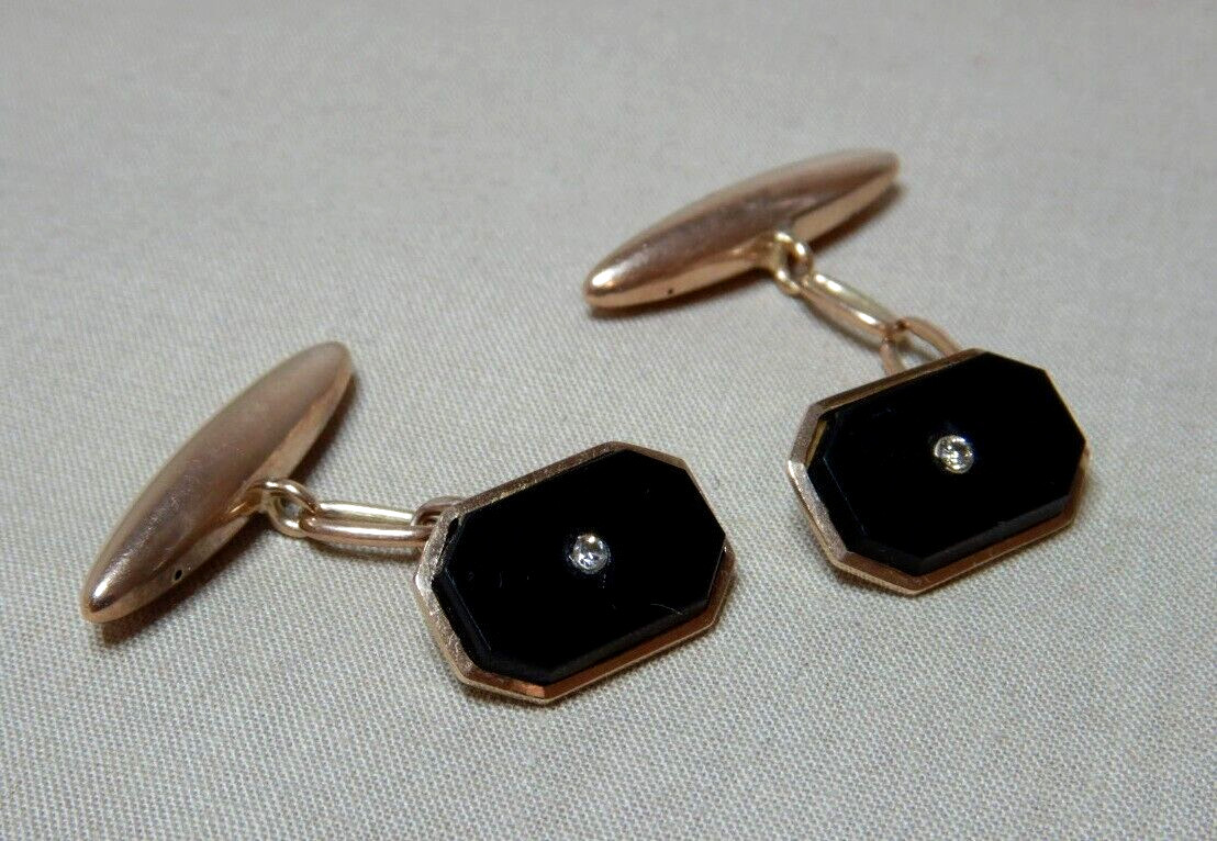 ANTIQUE 9ct GOLD CUFFLINKS SET WITH BLACK ONYX AND D… Gem