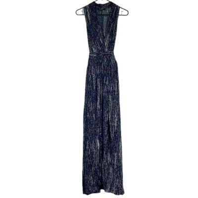 Olivaceous Navy Print V-Neck Flowy Maxi Dress - Size: Small | eBay