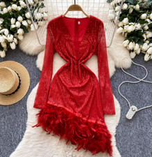 Women Sexy V-neck Fluffy Splicing Hip Wrap Irregular Sequined Sparkling Dresses