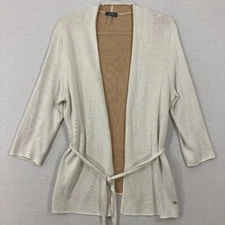 Basler White Tan Open Front Soft Knit Open Front Belted Cardigan size 12 Preppy