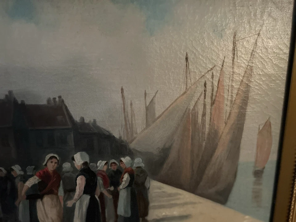 Painting Of Dutch Women On Fishing Wharf Sgd. - Image 3 of 4
