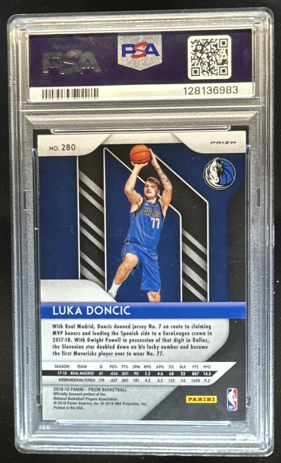2018-19 Panini Prizm Luka Doncic Prizm Red White and Blue Rookie RC #280 PSA 9 view 2