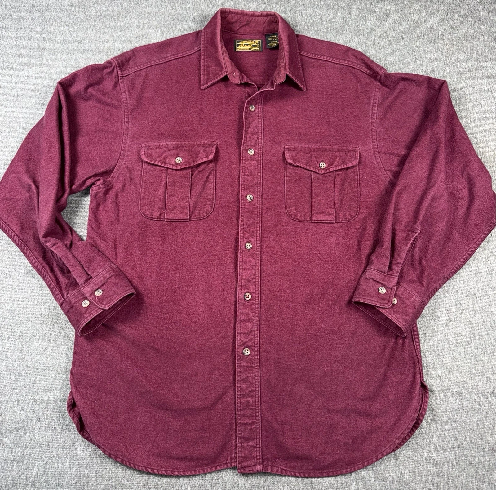 Eddie Bauer Chamois Flannel Shirt Mens LARGE Vintage Burgundy 100% Cotton USA