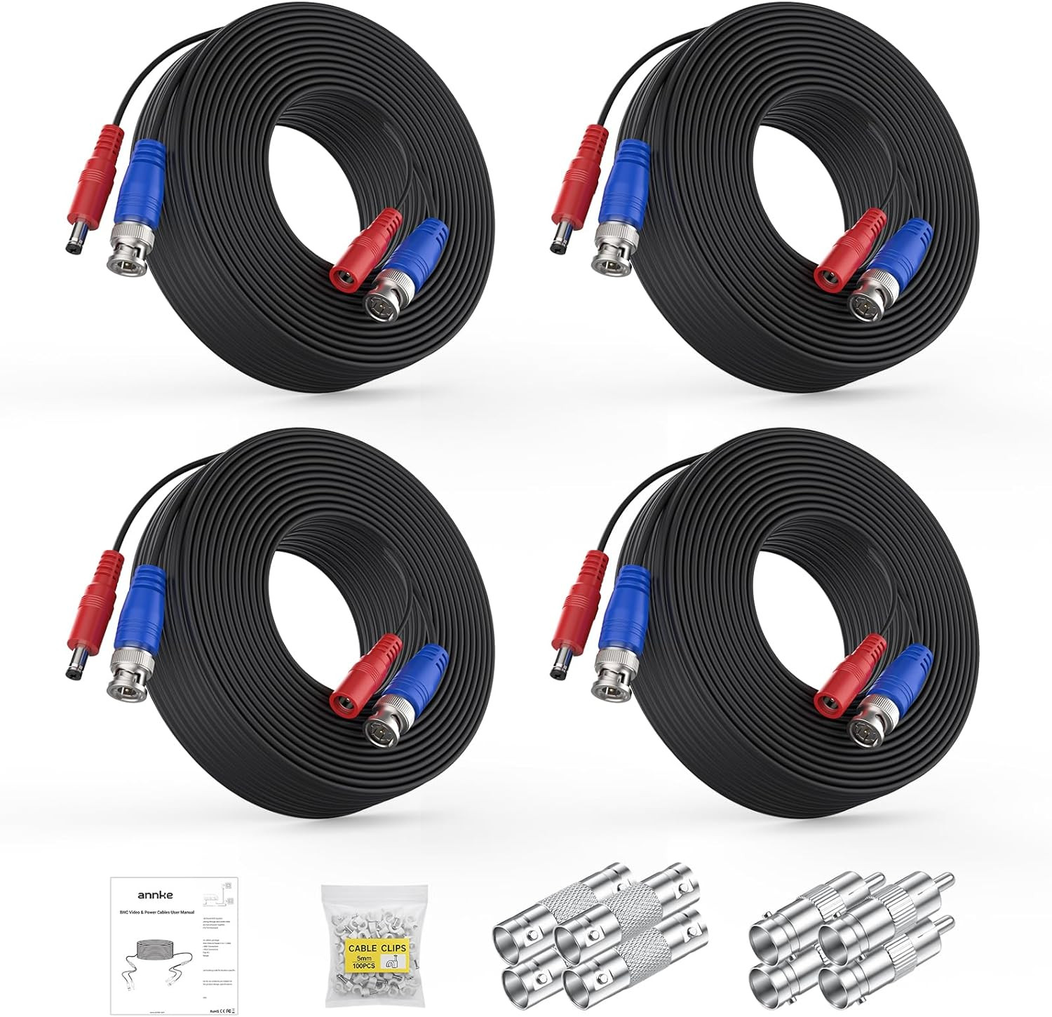 ANNKE 4 Pack 30M/100Ft All-In-One Video Power Cables, BNC Extension Surveillance