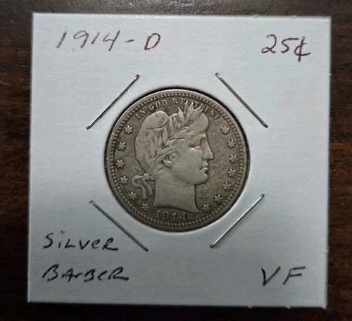 1914-D Barber Quarter Dollar VF Coin - 90% Silver