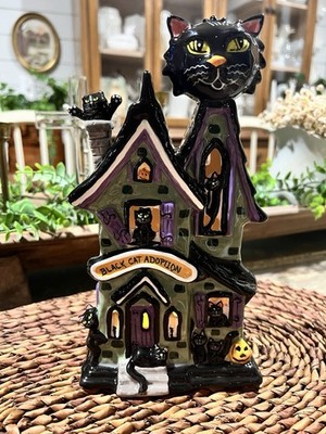 Blue Sky Clayworks HALLOWEEN ''BLACK CAT ADOPTION'' Tealight Candle House