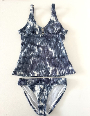 Athleta Tulum Blue Gray White Tankini Padded Swim Top & Bikini Bottoms Size XS+S