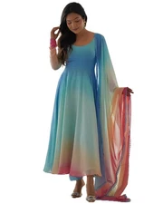 Gosriki Women'S Georgette Anarkali Solid Kurta With Pant & Dupatta (Sade Sky-...
