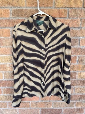 Lauren Ralph Lauren 100% Silk Button Down Shirt Brown Zebra Animal Print Sz 10