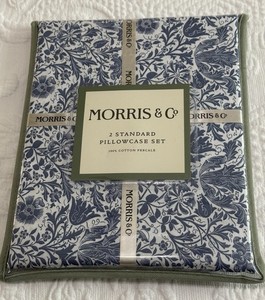 Morris & Co. Blue/White Botanical Standard Pillowcases-Set of 2  100% Cotton-NWT